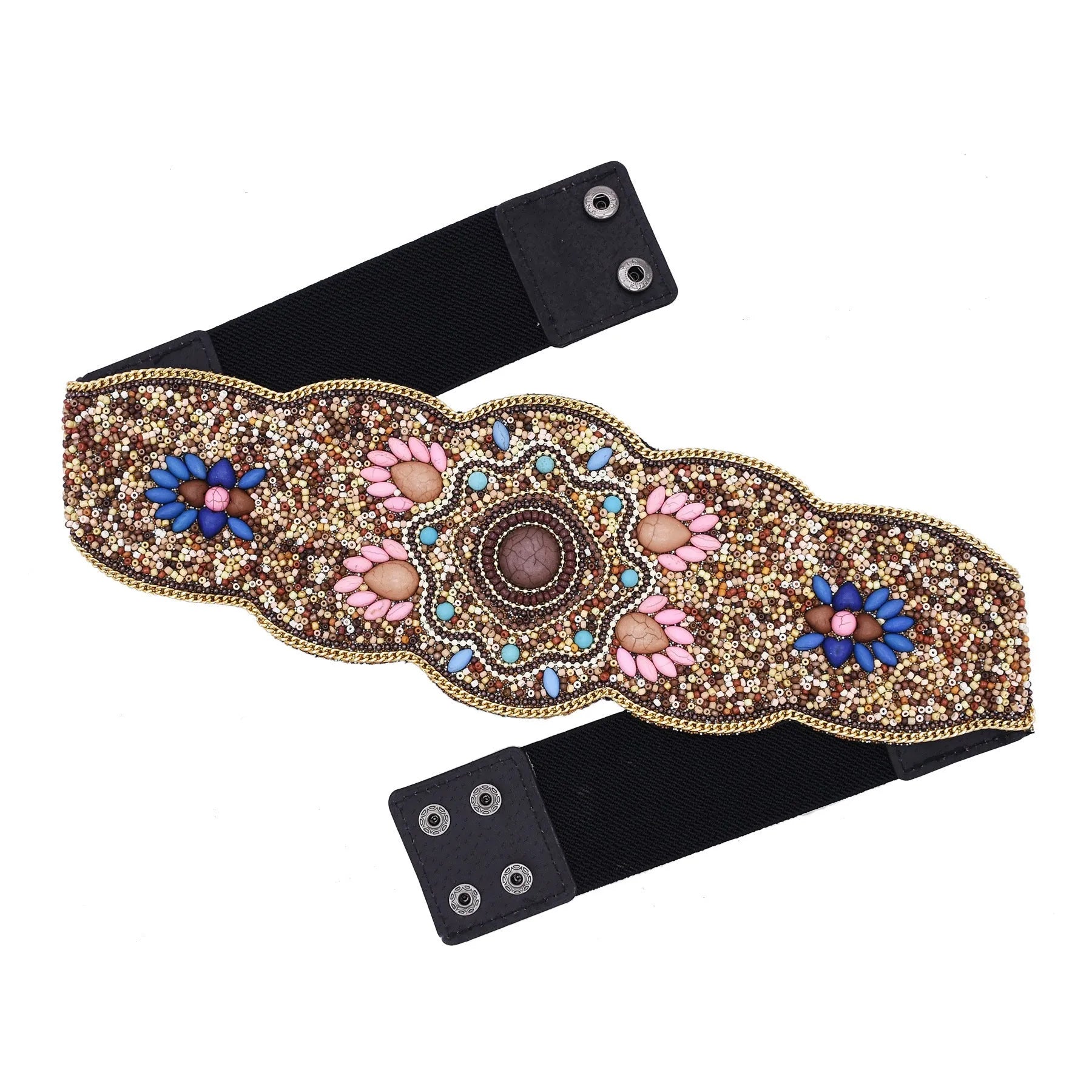 Beaded imitation turquoise elastic waistband belt on faux leather with visible stitching, unisex adult size