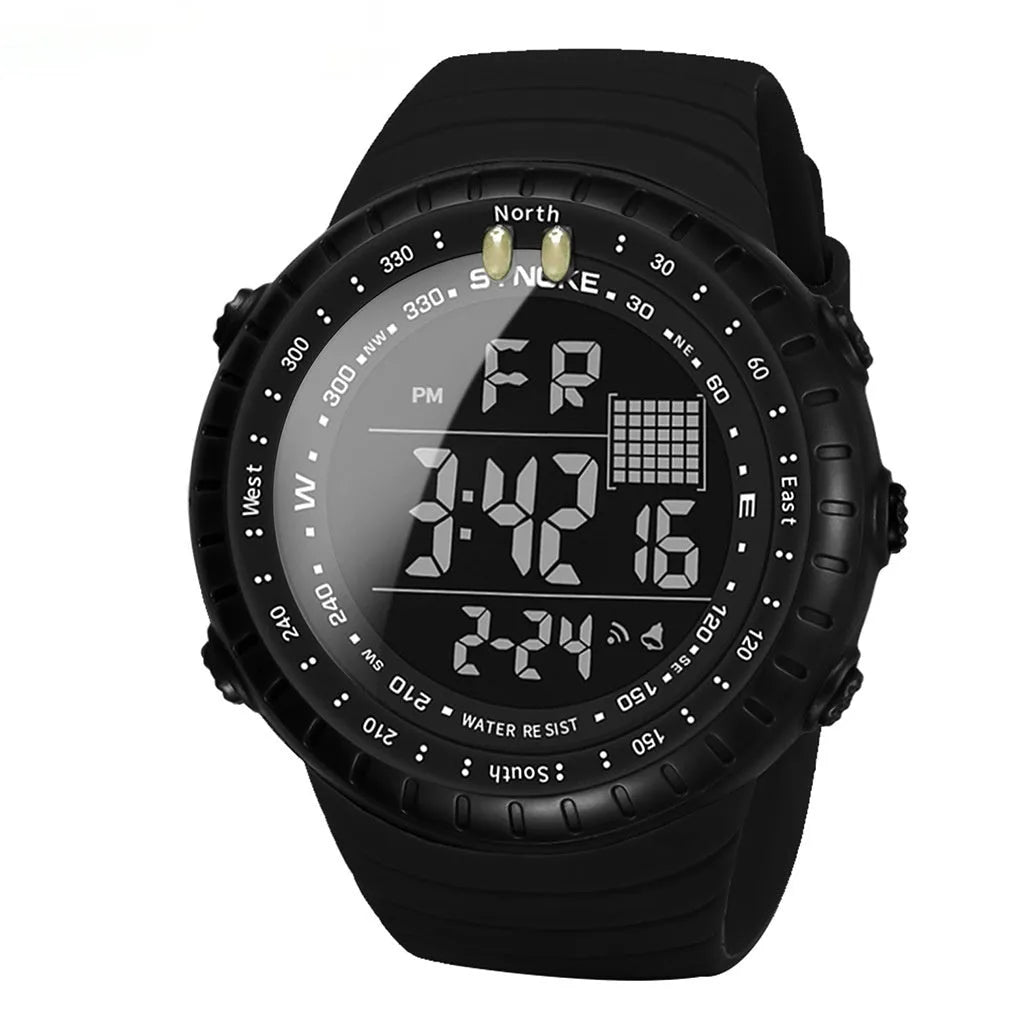Black men's waterproof outdoor electronic watch with large dial on a PU strap.