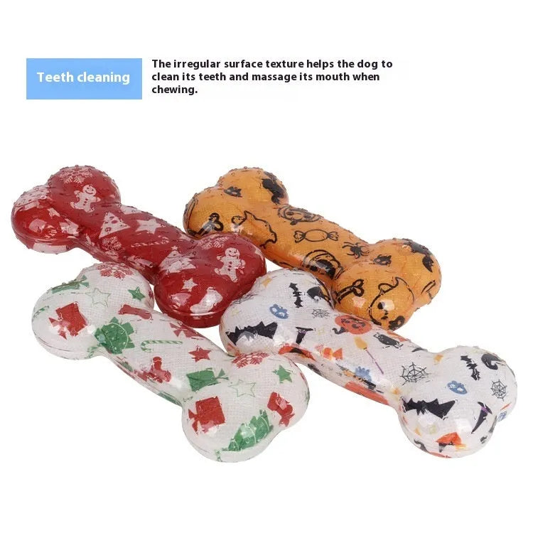 Printed bone shaped TPR dog chew toy with squeaker in seasonal colour variations