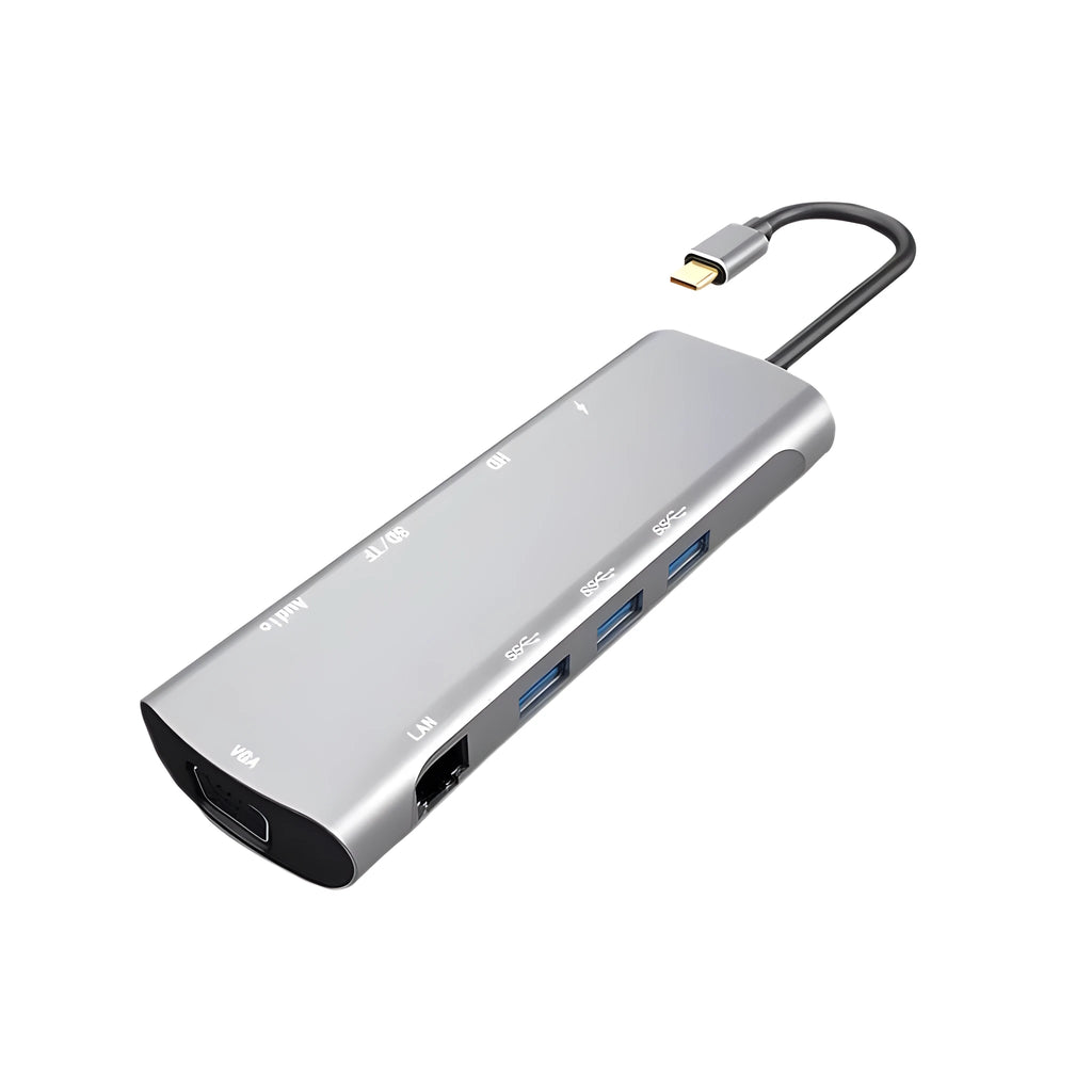Grey aluminium USB-C docking station showing HDMI, VGA, USB, and charging ports.