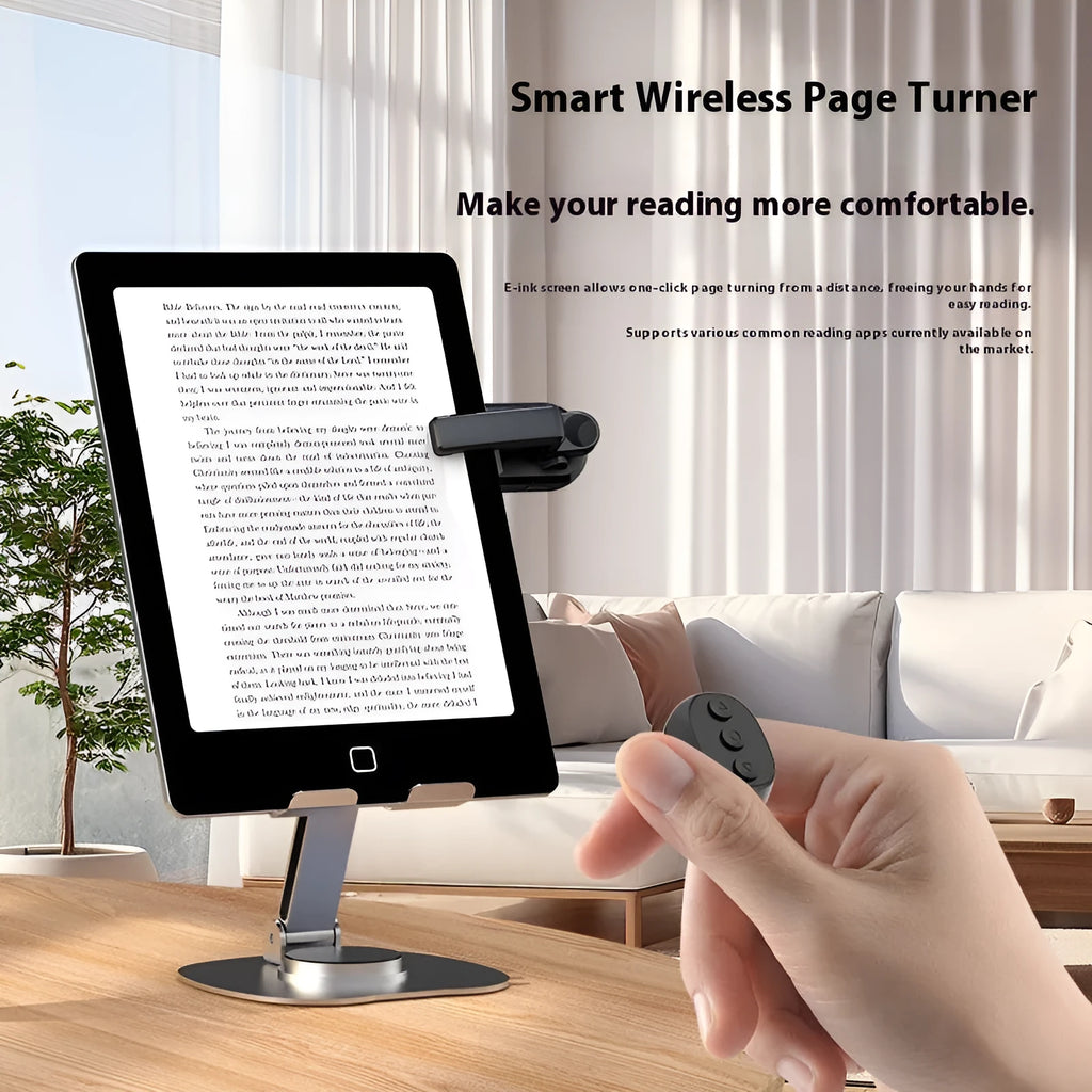 Wireless page turner remote control with clicker attachment in black, white, or pink colour.