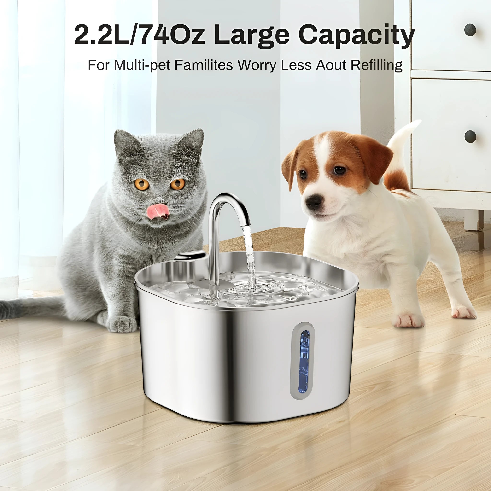 Stainless steel automatic pet water dispenser with faucet window and 2.2L capacity