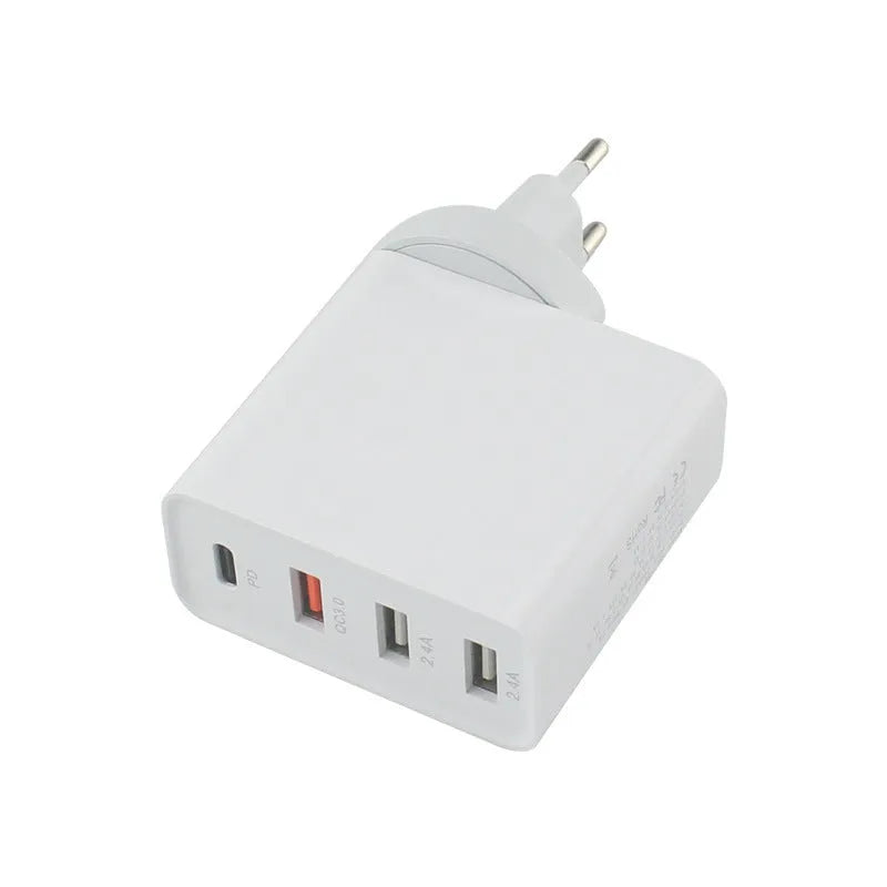 Black and white 48W four-port USB-C mobile phone wall charger with LED light.