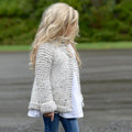 Beige long sleeve cardigan for girls with single-breasted front, made from a knitted rabbit hair blend.