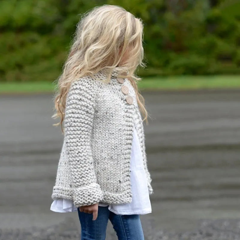 Beige long sleeve cardigan for girls with single-breasted front, made from a knitted rabbit hair blend.