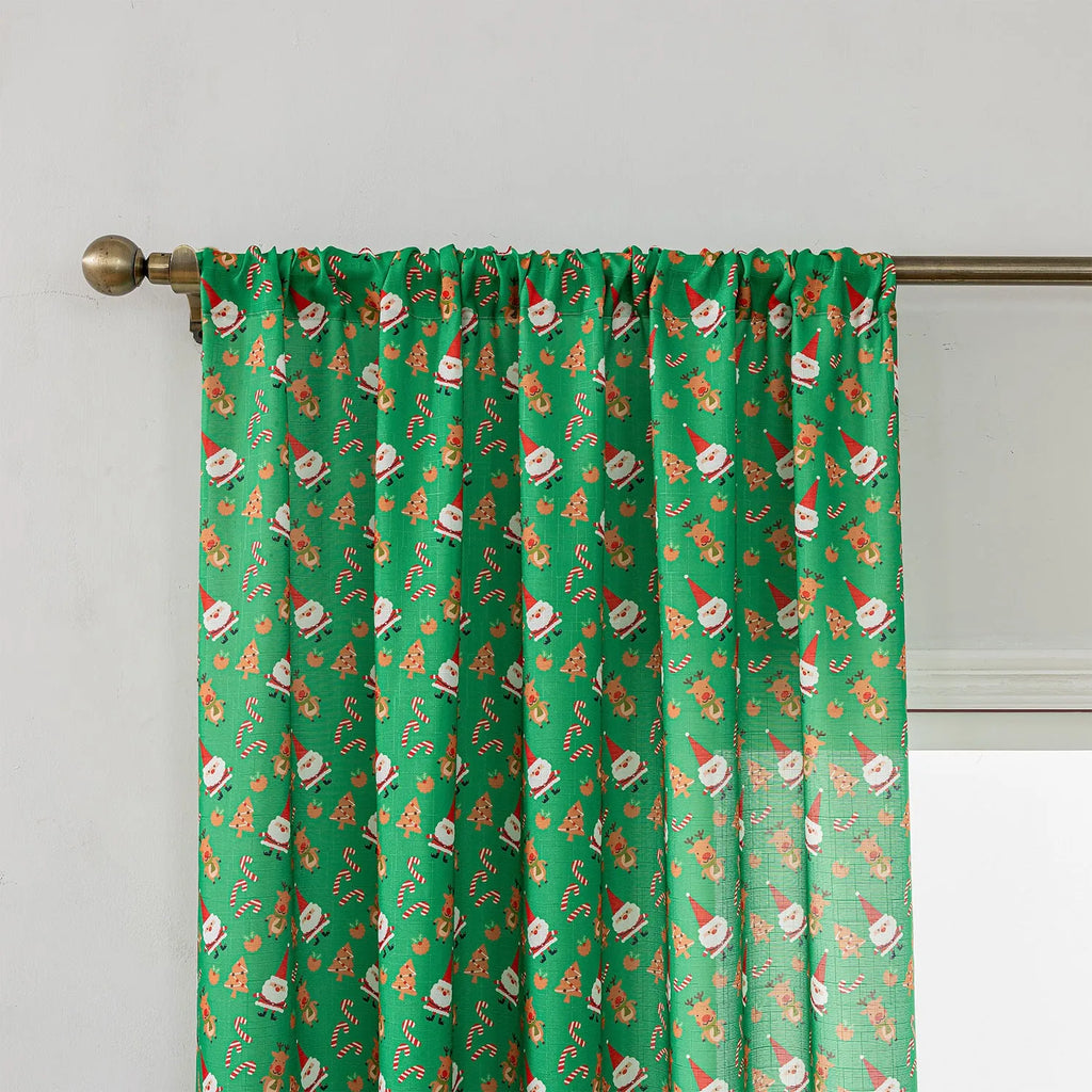 Christmas curtain with snowman and angel print in green colour, 1 metre wide panel