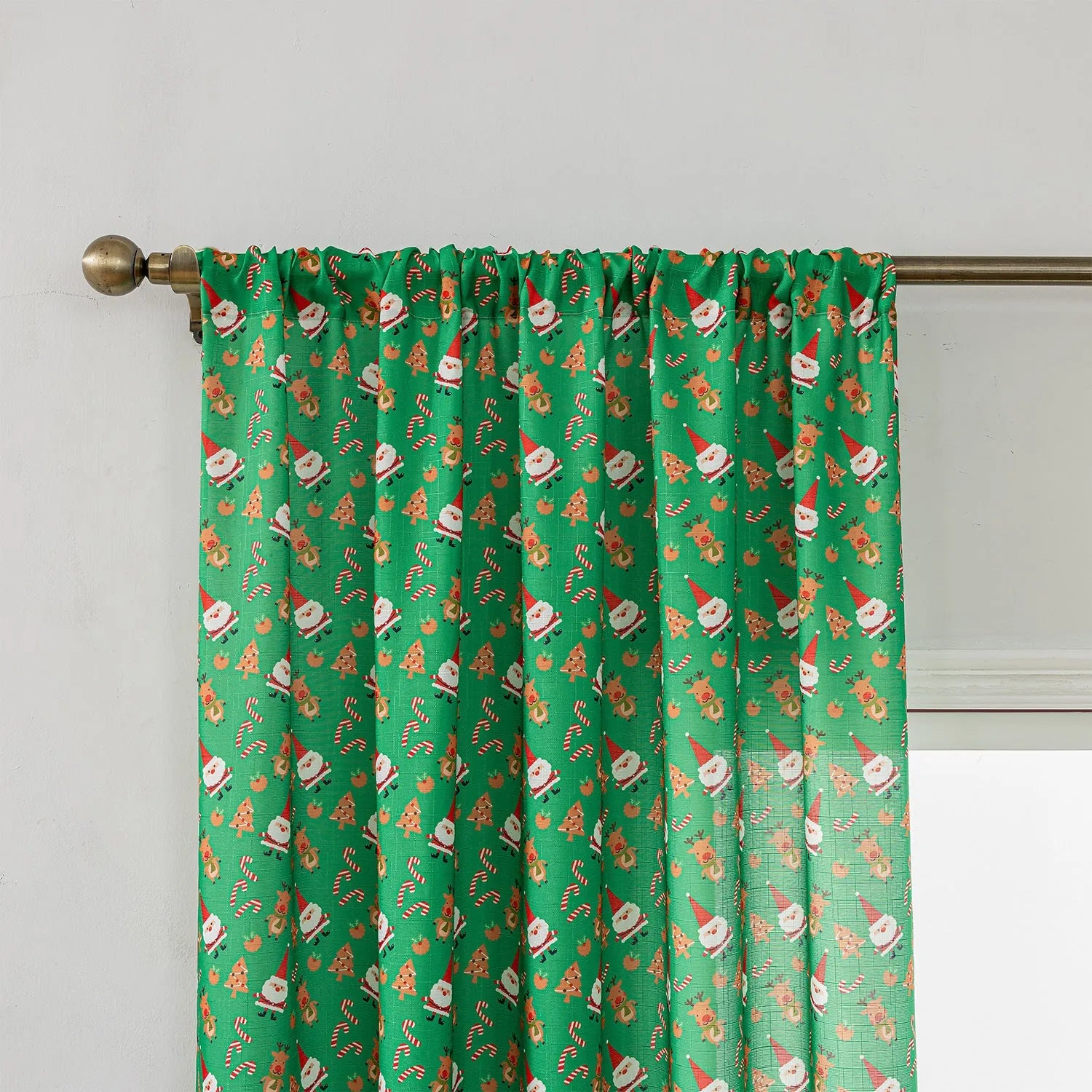 Christmas curtain with snowman and angel print in green colour, 1 metre wide panel