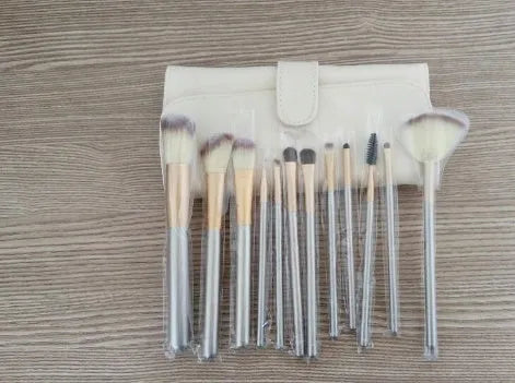 Persian make-up brush set with rice white bristles and champagne handles, showing 12, 18, and 24 brush set options.