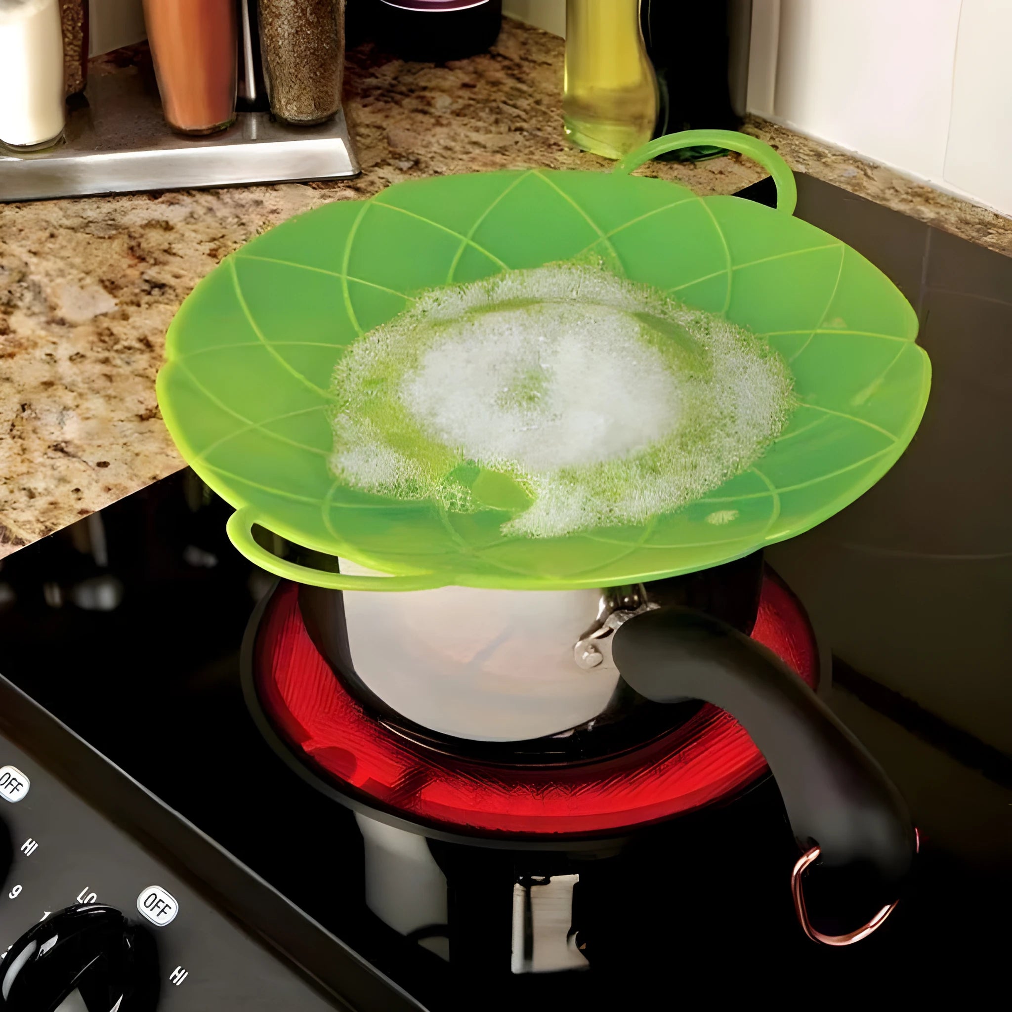Green silicone spill stopper pan lid for pots 8-10 inch diameter heat-resistant
