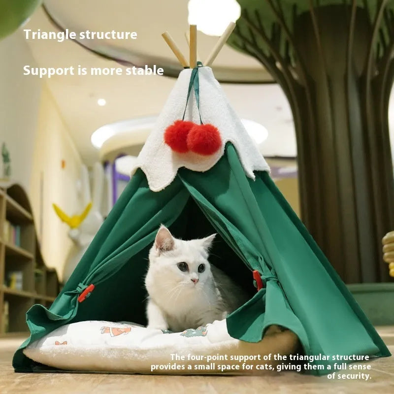 Semi-closed cat house with thickened cloth construction in brown mat colour
