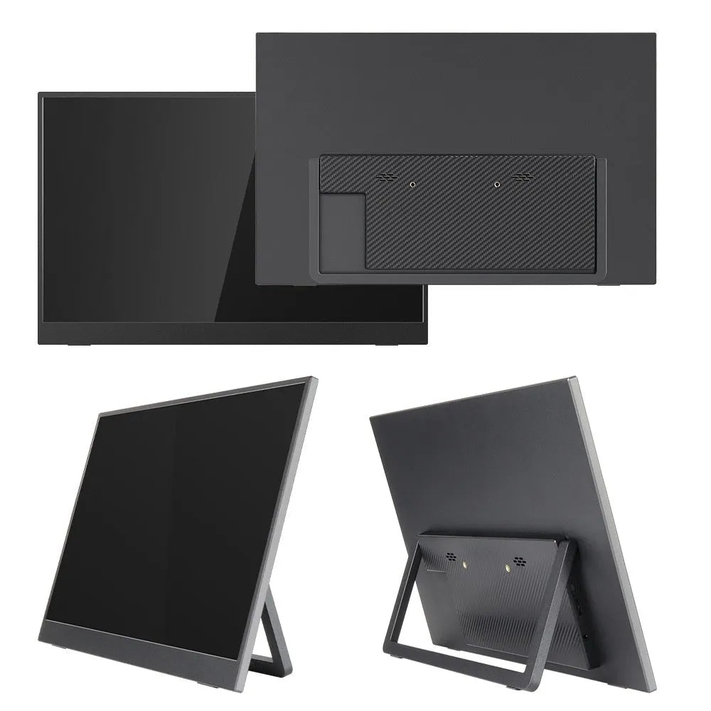 Black 15.6-inch portable monitor with adjustable stand on a desk, showing spreadsheet application