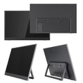 Black 15.6-inch portable monitor with adjustable stand on a desk, showing spreadsheet application
