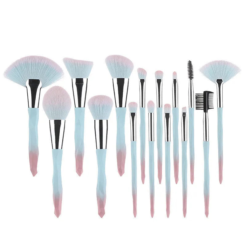 15-piece diamond handle makeup brush set with man-made fibre bristles, portable 13cm length, blue and brown handles
