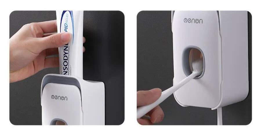 Wall-mounted automatic toothpaste dispenser with touch sensor and LED light in blue colour