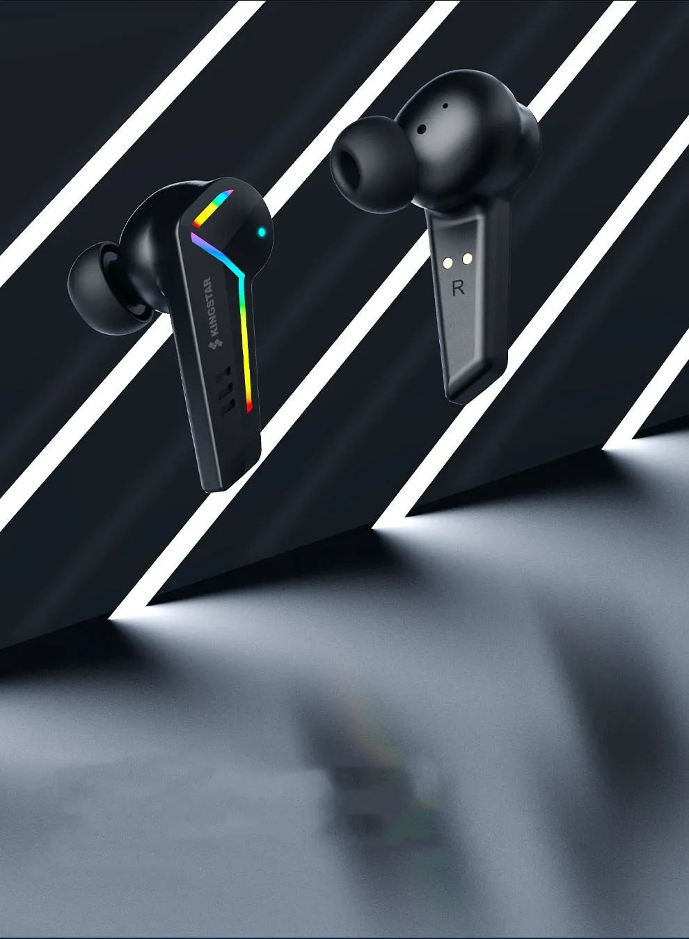 Black TWS Bluetooth sports headset with earplug design on a neutral background.
