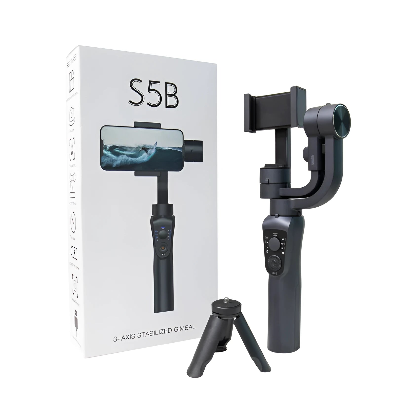 Black three-axis mobile phone gimbal stabiliser with tripod and protective cases