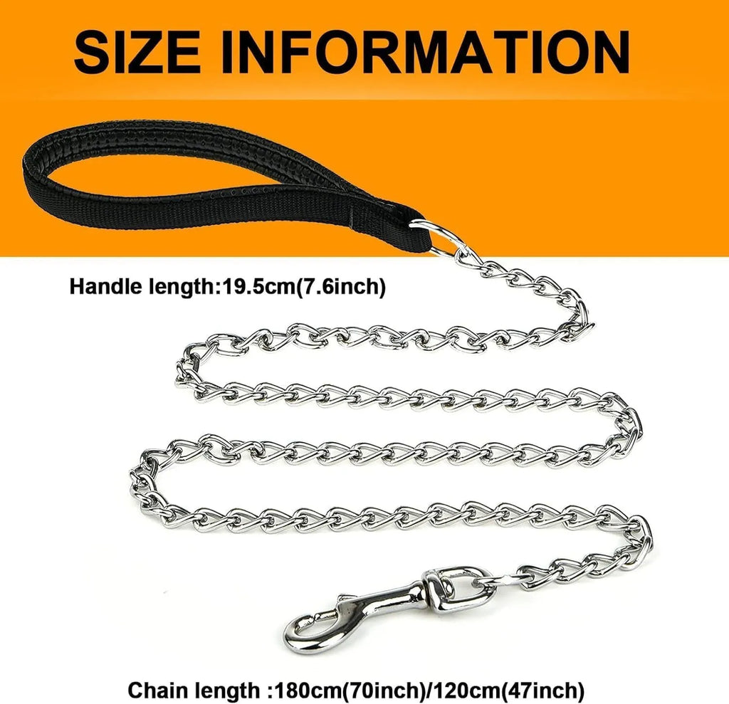 Heavy duty metal chain dog leash with a soft black padded handle, shown in red, blue, and black colours