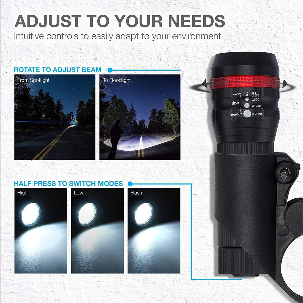 Bicycle safety set showing a front flashlight, a rear taillight, and a black mounting bracket on a white background.