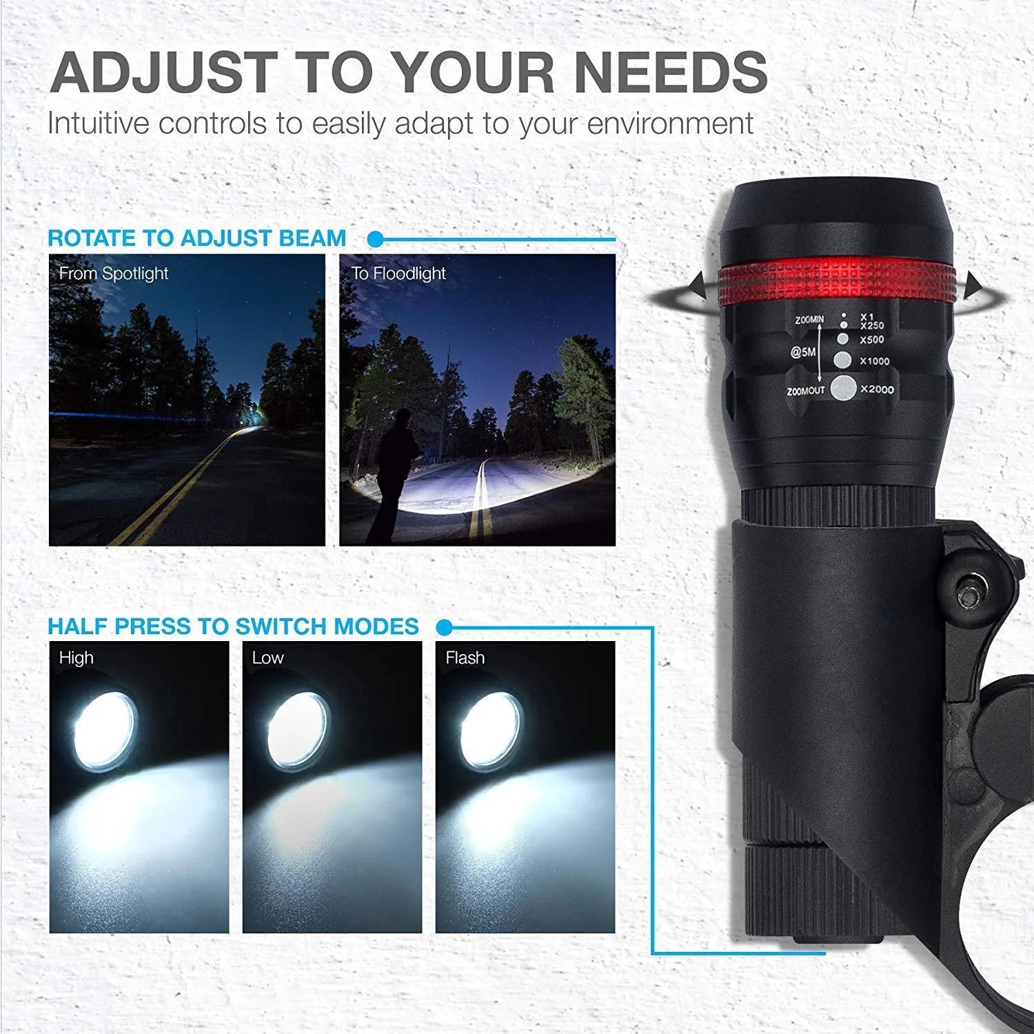 Bicycle safety set showing a front flashlight, a rear taillight, and a black mounting bracket on a white background.