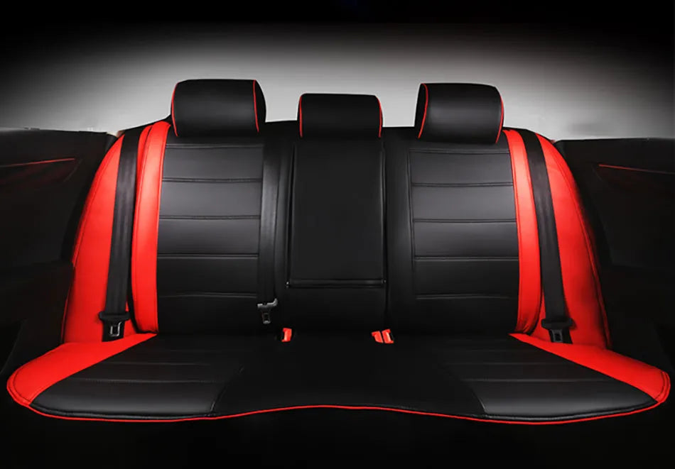 Cow leather car seat cover in binding style shown in beige and black with red line colour variations