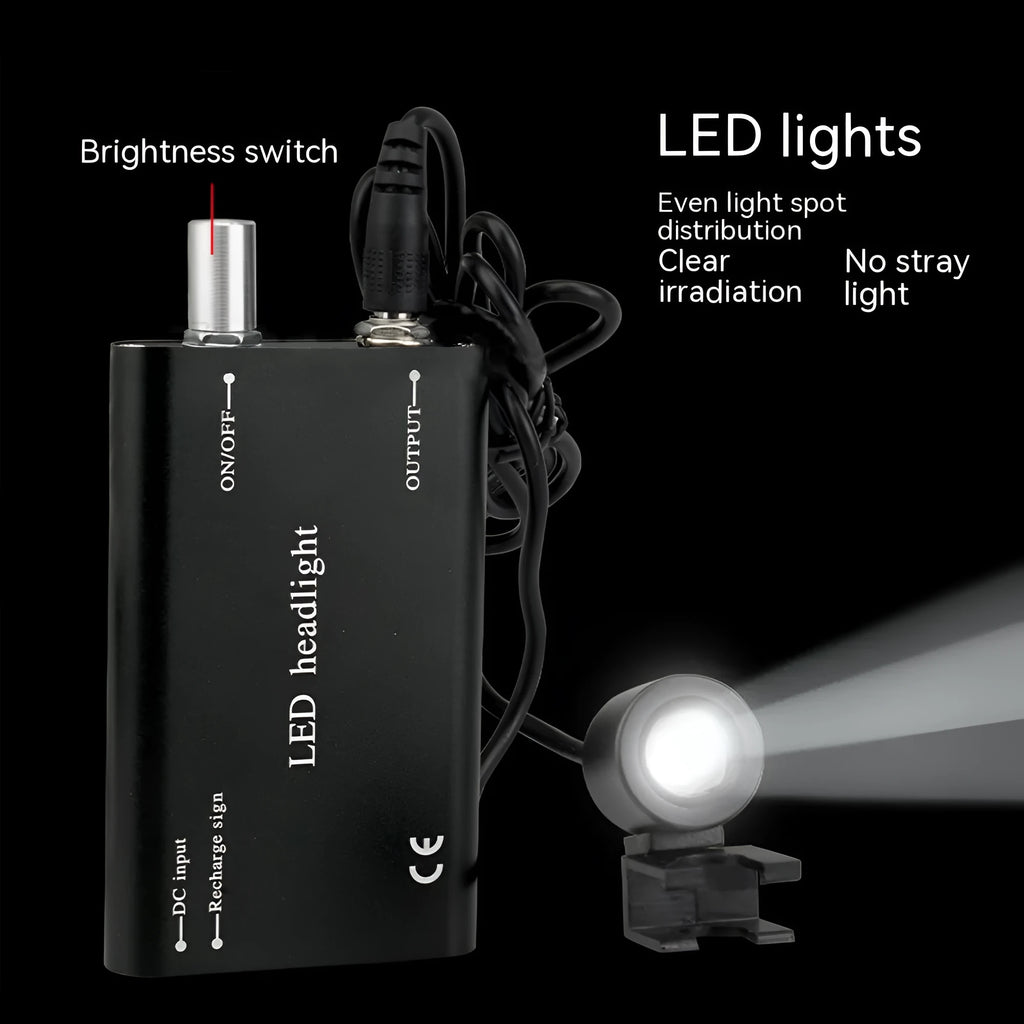 Black head-mounted magnifying glasses with LED headlight for dental inspection work