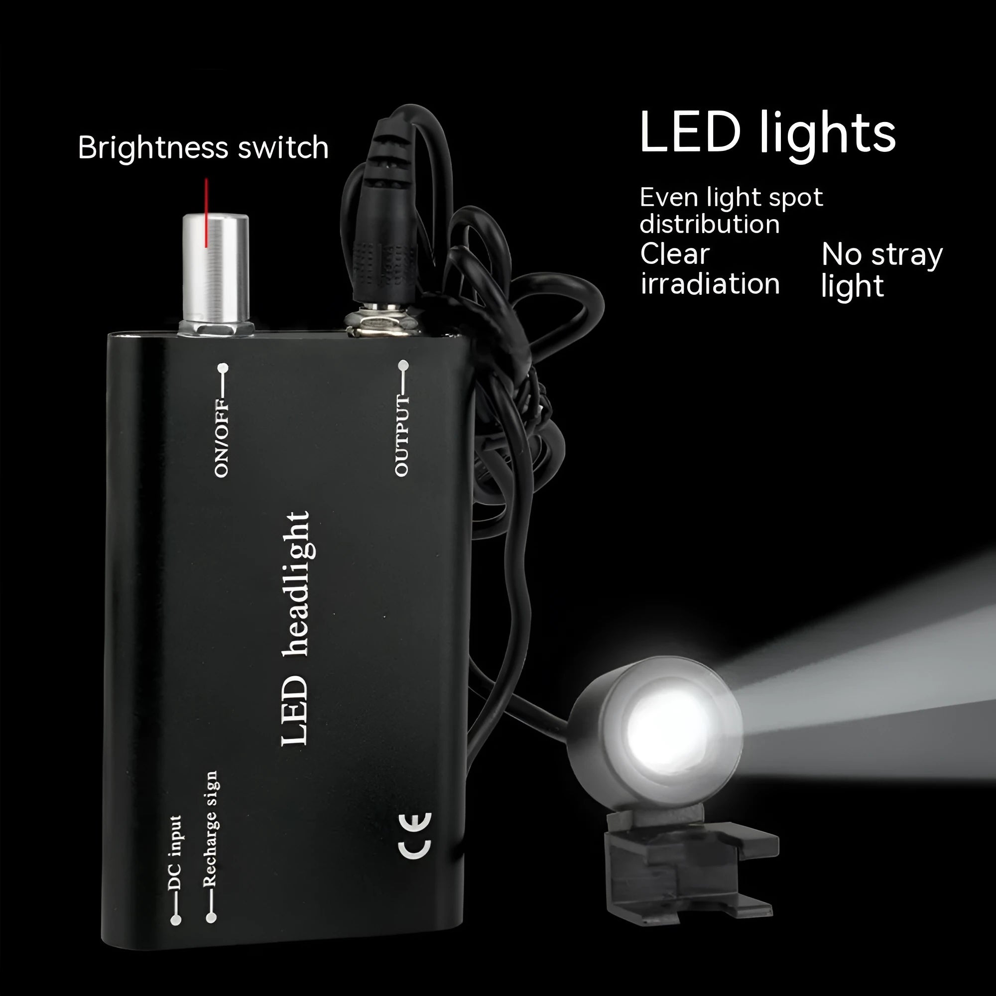 Black head-mounted magnifying glasses with LED headlight for dental inspection work
