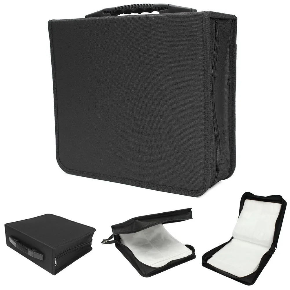 Black Oxford cloth CD DVD storage binder with zipper and top carry strap