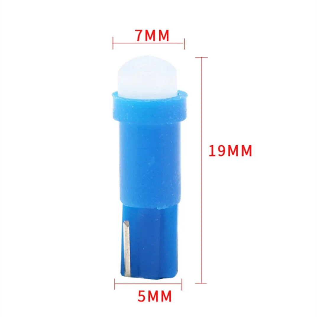 T5 LED car instrument light bulb with ceramic base, shown in blue colour option.