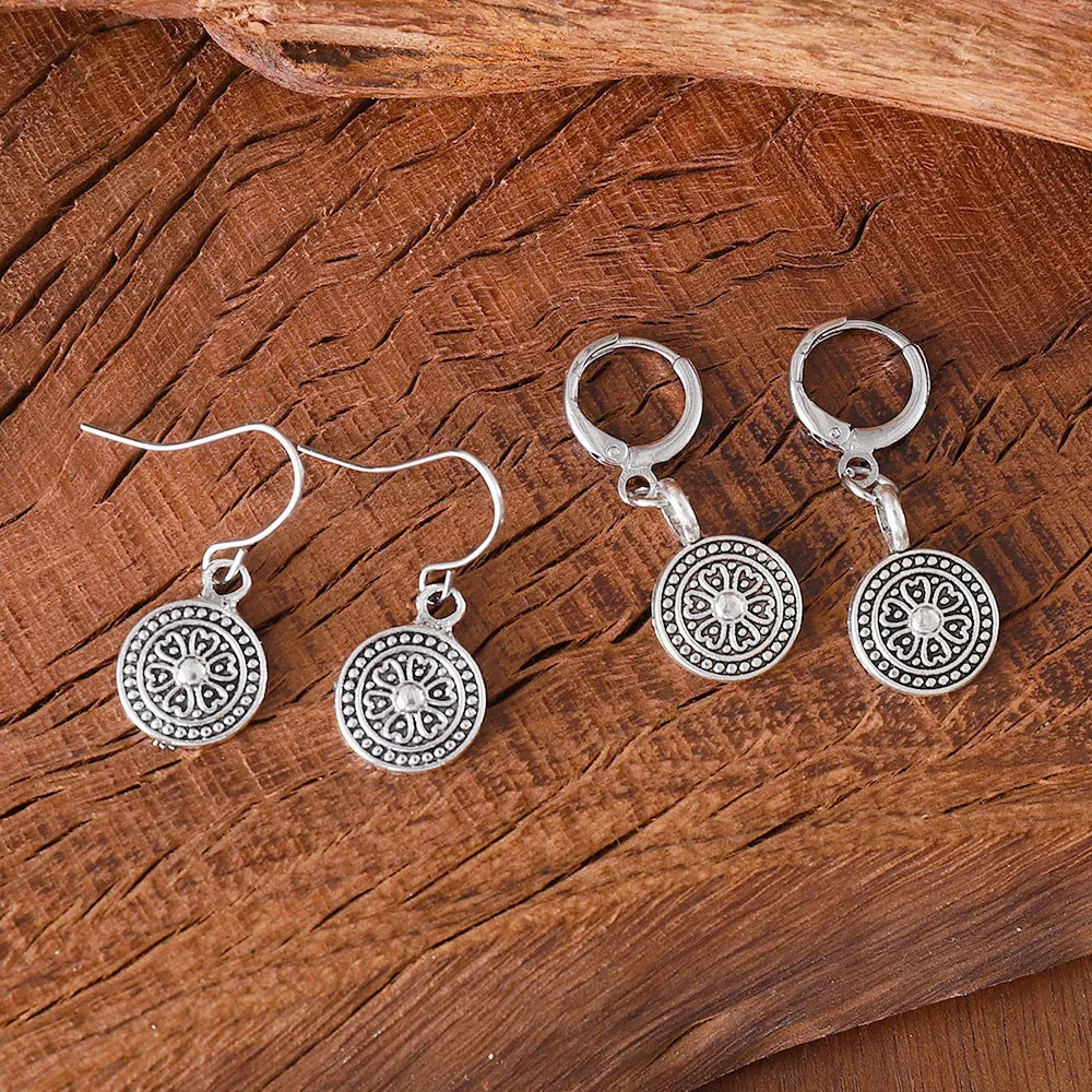 Bohemian retro distressed ethnic earrings with round geometric shape and circular prints
