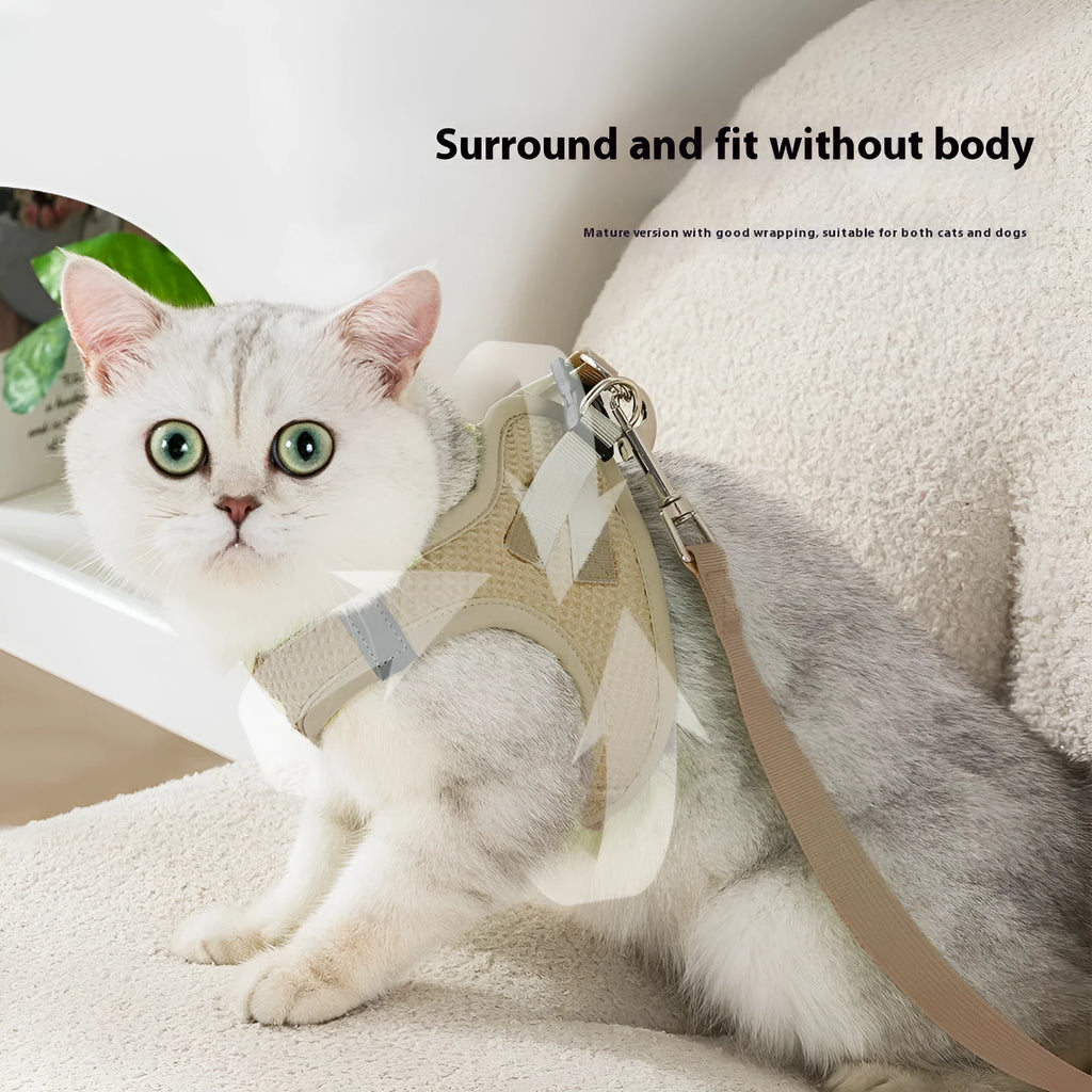 Brown waffle pattern cloth cat harness with hand holding rope chest strap