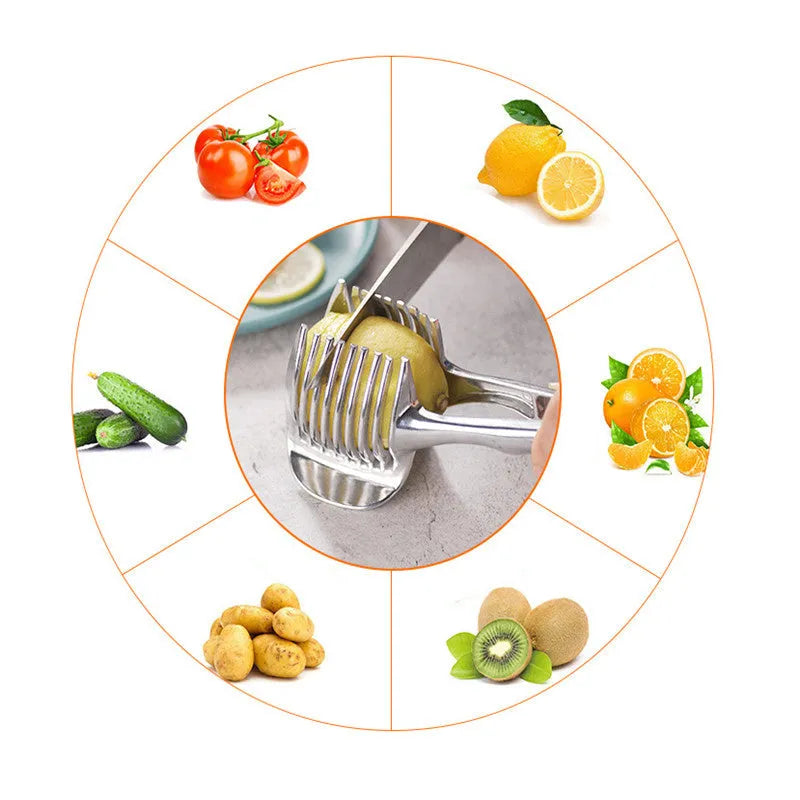 Silver plastic lemon slicer kitchen gadget for cutting fruit and vegetables