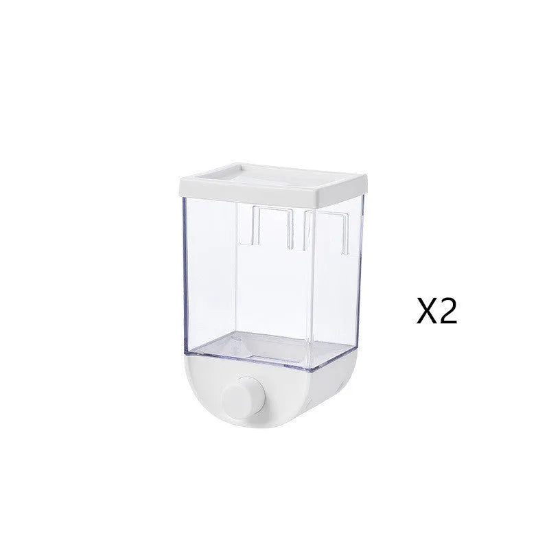 White transparent kitchen food storage box with easy press cereal dispenser lid.