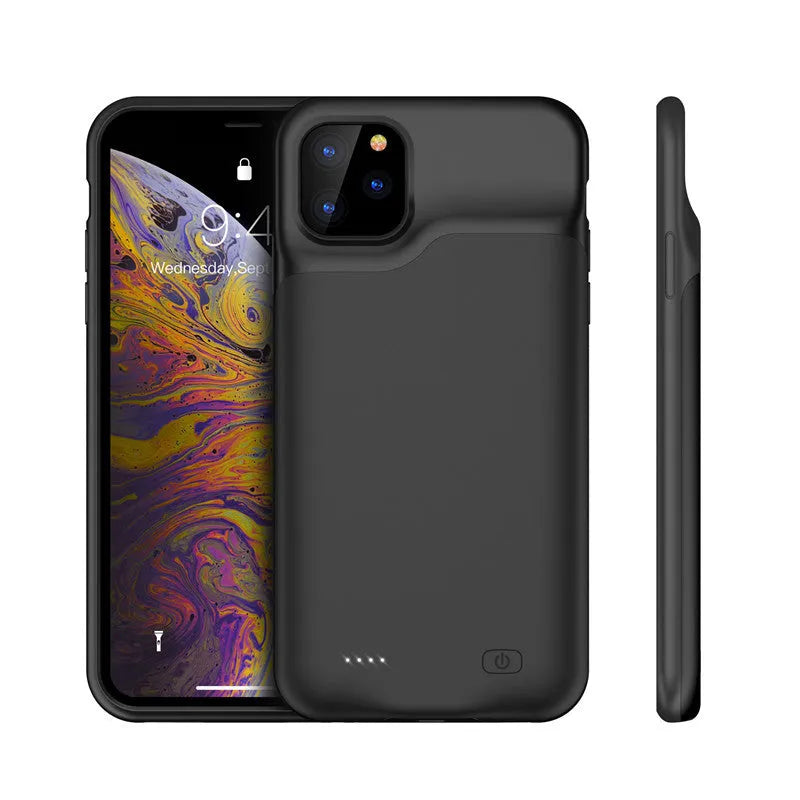 Black silicone iPhone battery charger case showing Lightning port and soft shell construction