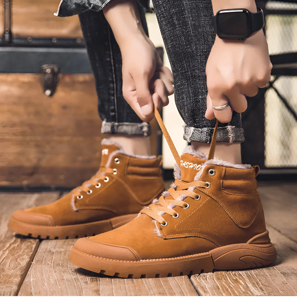 Men's winter warm plush ankle boots with suede upper, rubber sole, round toe, and front tie closure, available in multiple colours