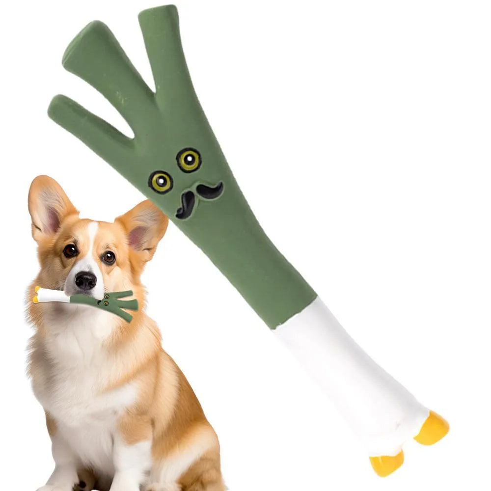 Latex cartoon vegetable dog chew toy shaped like an onion and eggplant in green, orange, or purple.