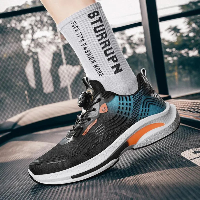Men's low-top mesh sneakers in white and blue colourway on a rubber sole.