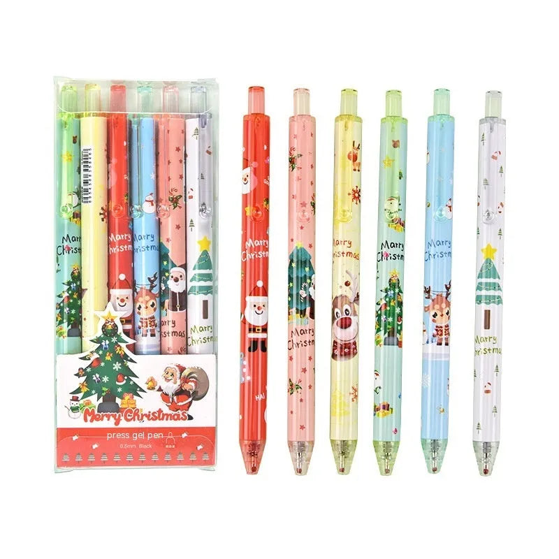 Cartoon design Christmas reward gift signature pen set with 6 pieces and black refills