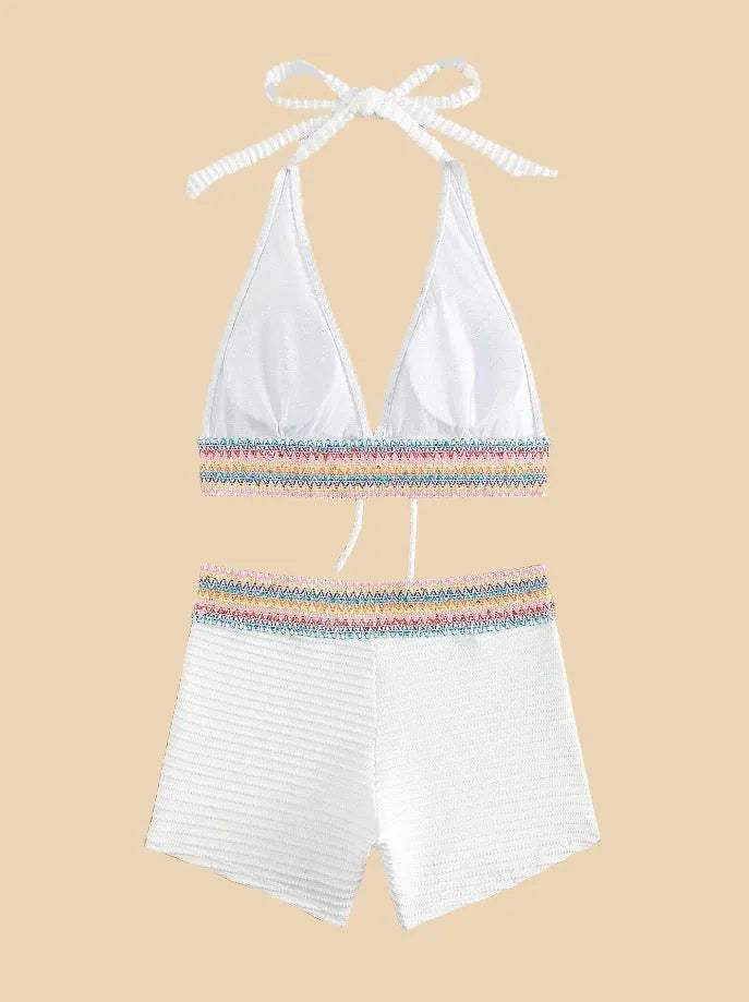 Women's high-waisted bikini swimsuit in polyester with striped or solid pattern in multiple colours