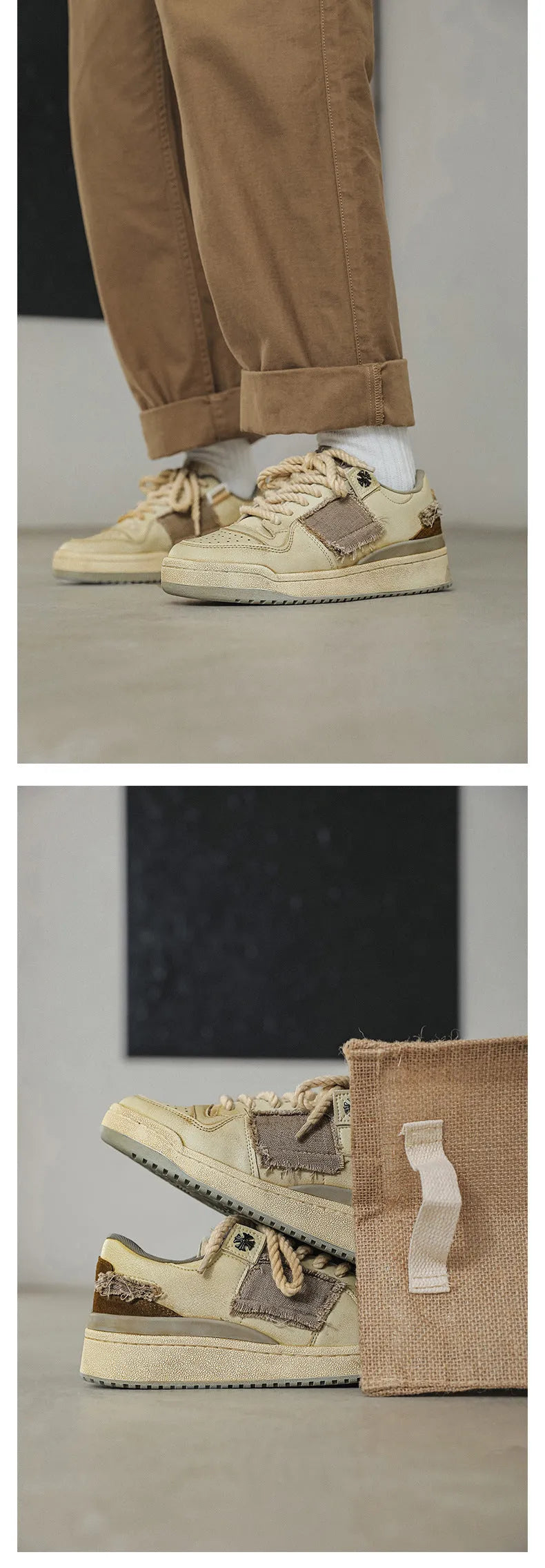 Beige low-top skateboard shoes with microfiber upper and flat rubber sole on white background