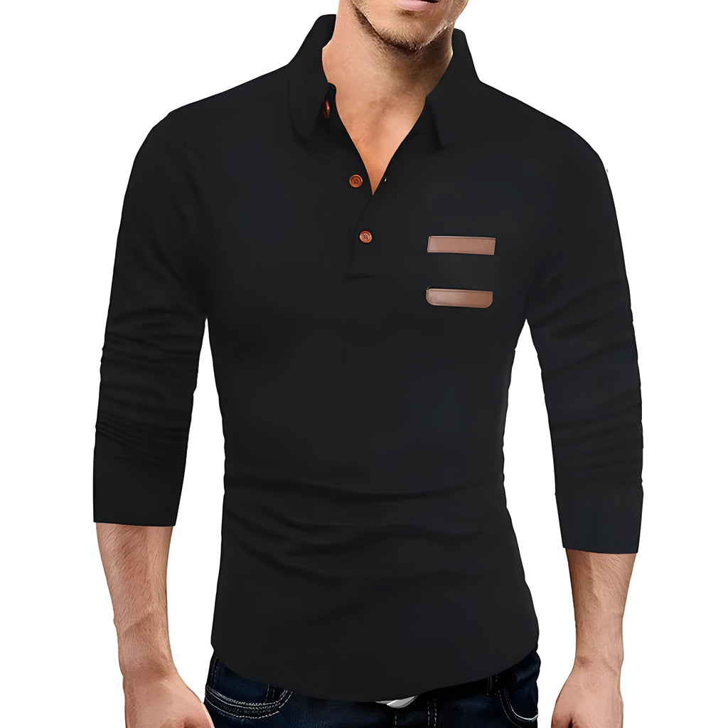 Casual slim knit long sleeve polo shirt in black, cotton blend fabric, size L to XXXL