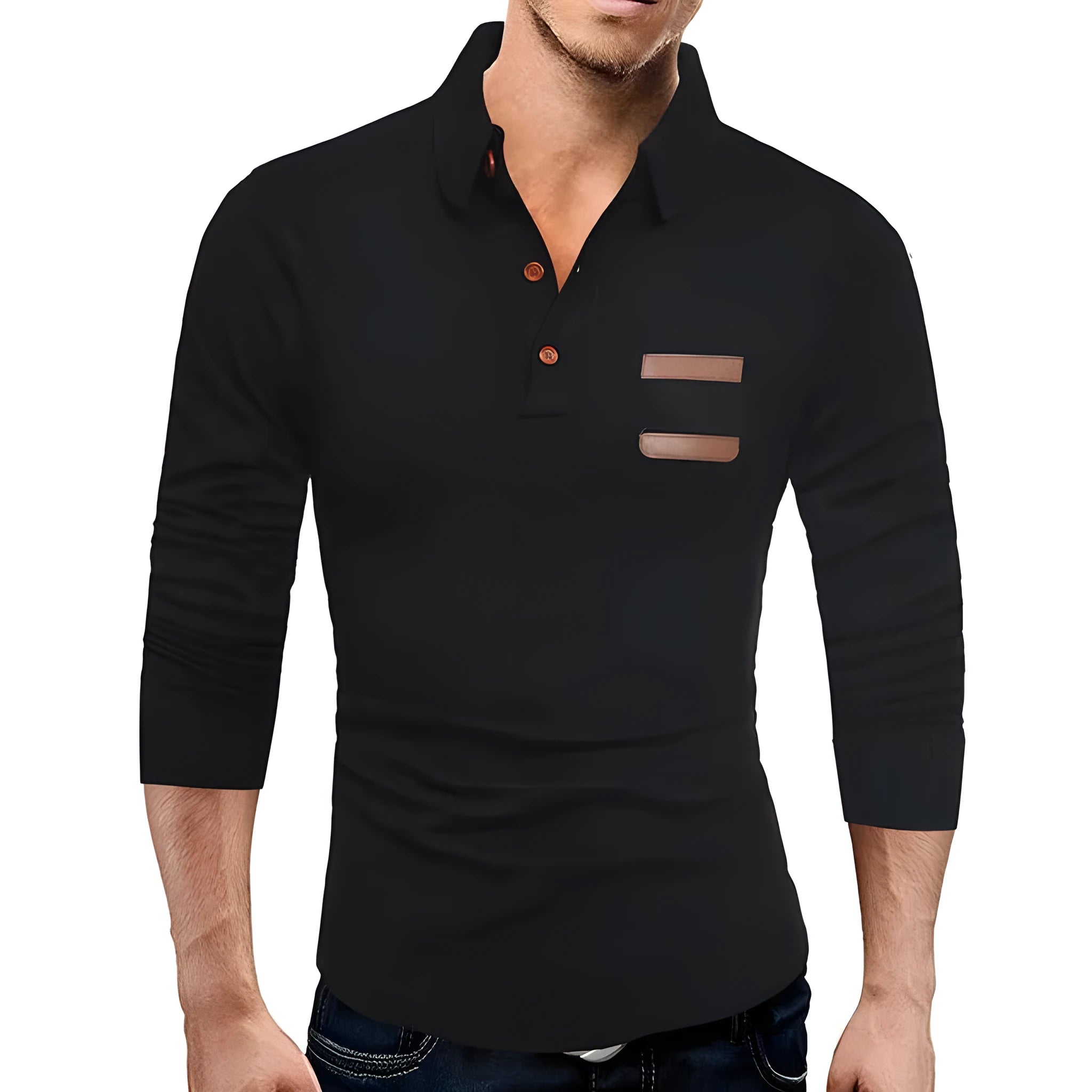 Casual slim knit long sleeve polo shirt in black, cotton blend fabric, size L to XXXL