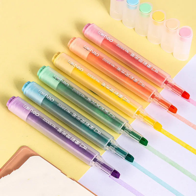 Deli S605 highlighter pen set showing six macaron coloured pens with oblique fibre nibs