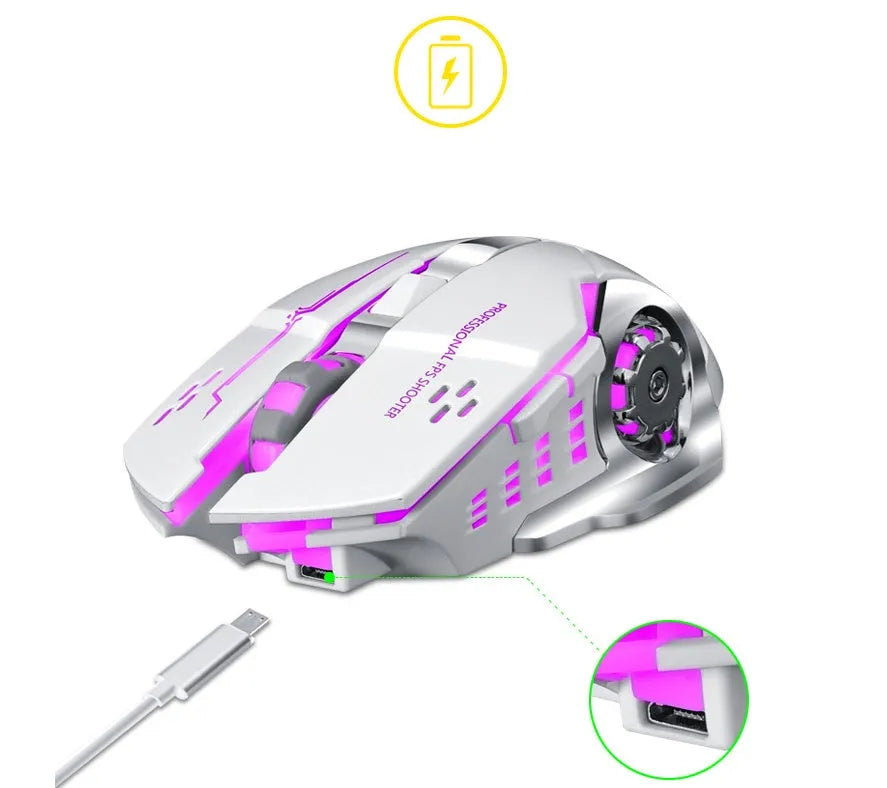 Black and white wireless silent mouse with USB charging port showing six buttons