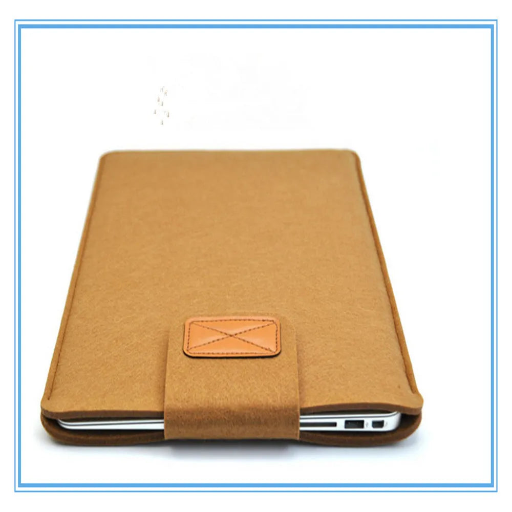 Khaki felt laptop bag showing clamshell design with interior device protection