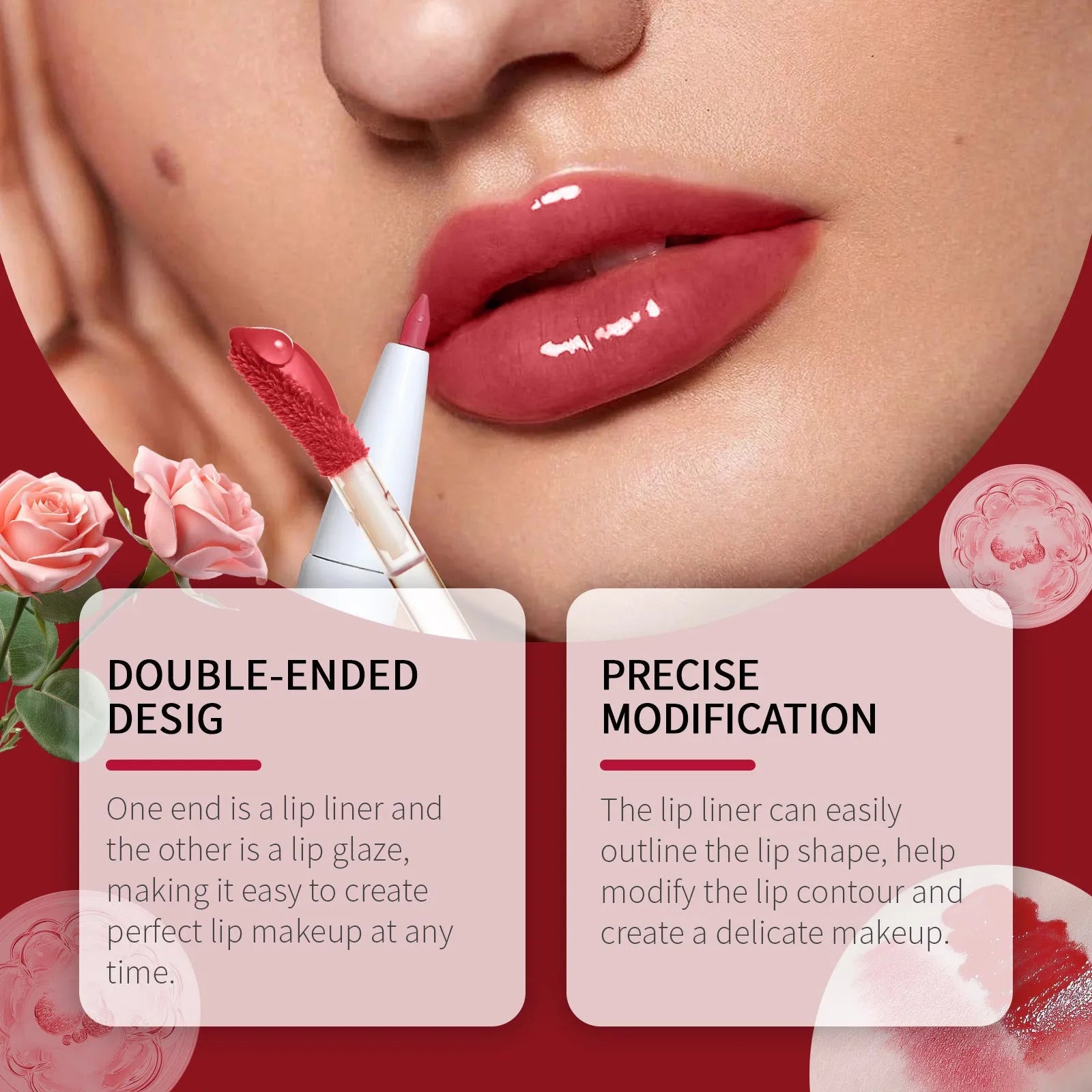 Double-headed lip liner and lip lacquer pen makeup tool showing colour options.