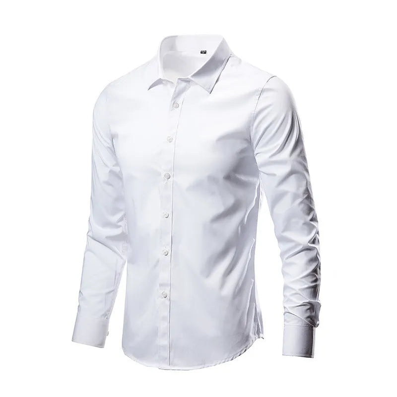 Man's long-sleeve loose-fit linen shirt in a light colour, showing the button front and relaxed silhouette.
