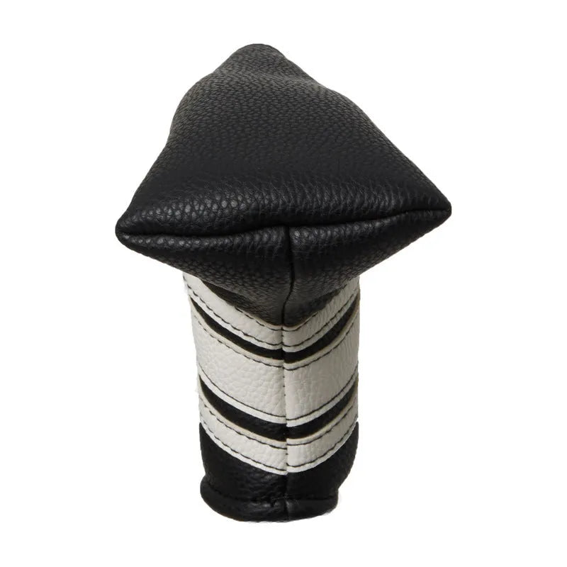 Black PU leather golf push rod sleeve case for storing a club head cover.