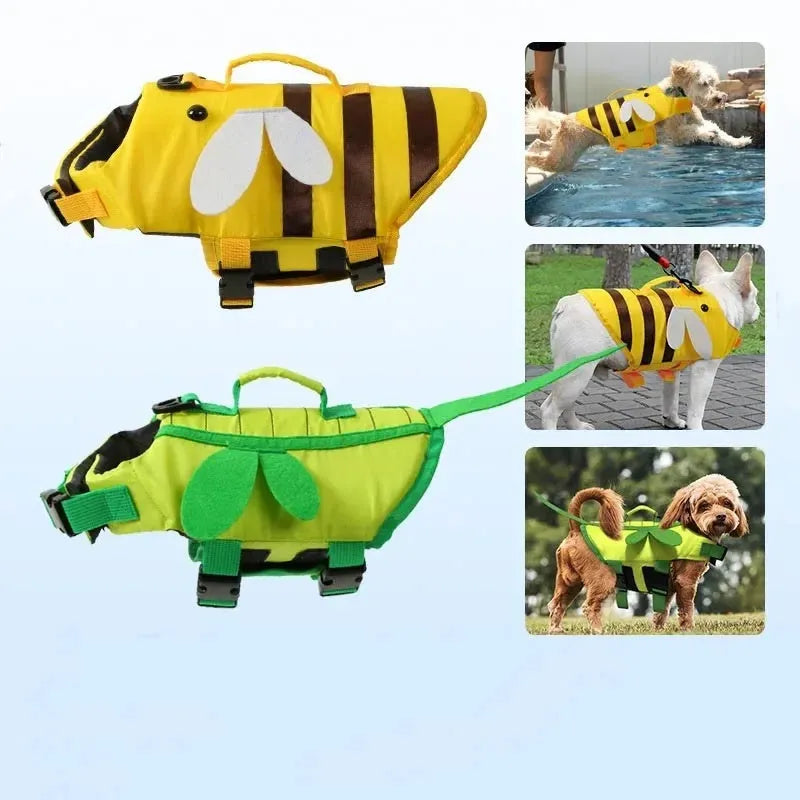 Green dog life jacket with reflective trim and adjustable straps for swimming safety