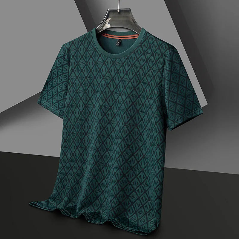 Men's black ice silk jacquard short sleeve t-shirt with loose fit casual design