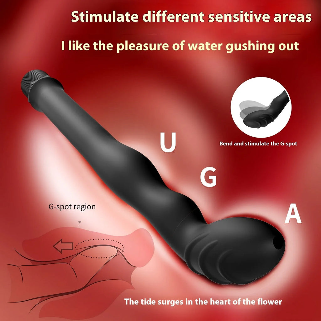Black silicone sausage filler hosepipe flusher for cleaning, shown with enema.